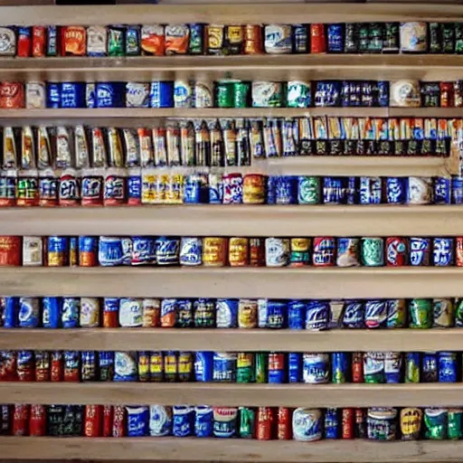 Prompt: a multilevel display of beer cans with cool trendy logos