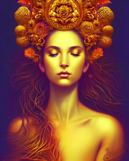 Prompt: portrait of the goddess of golden fire, unusual beauty, flowers and plants, emotionally evoking symbolic metaphors, head in focus, fantasy, ornamental, intricate, elegant, sensual, highly detailed digital painting, artstation, concept art, painterly, golden ratio, sharp focus, illustration