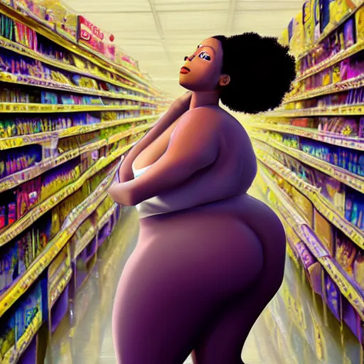 Image similar to stunning, coherent, beautiful painting, still of black bbw woman in wal-mart, follow shot, 3d, in the style of pixar, comic book style, 3d, highly detailed, 16k resolution, octane renderer, coherent, cinematic lighting