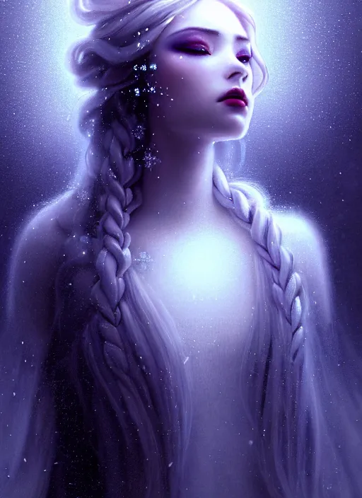 Prompt: a beautiful majestic frozen white queen with snowflakes on her hair, glowing light orbs, intricate concept art, elegant, digital painting, smooth, sharp focus, ethereal mist, deep colors, illuminated lines, outrun, vaporware, dark background, cyberpunk darksynth, ethereal, ominous, misty, 8 k, rendered in octane, by ruan jia and miho hirano