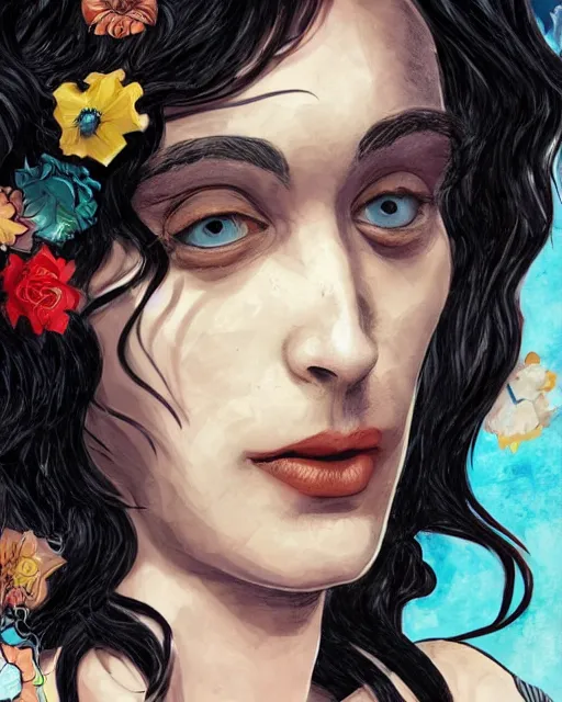 Prompt: happy birthday postcard in a style of Neil Gaiman book, portrait of a beautiful black haired girl, trending on artstation, 8k, highly detailed