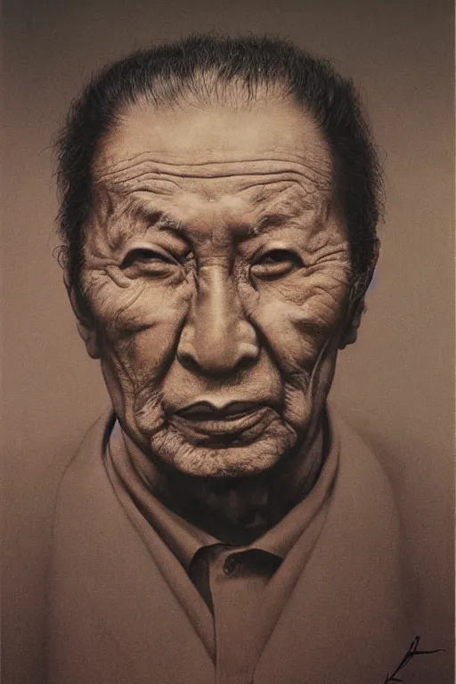 Prompt: portrait of Akira Kurosawa by Zdzislaw Beksinski