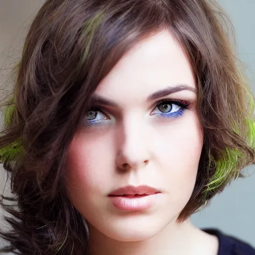 Image similar to brunette woman, flipped hairstyle, bright green eyes