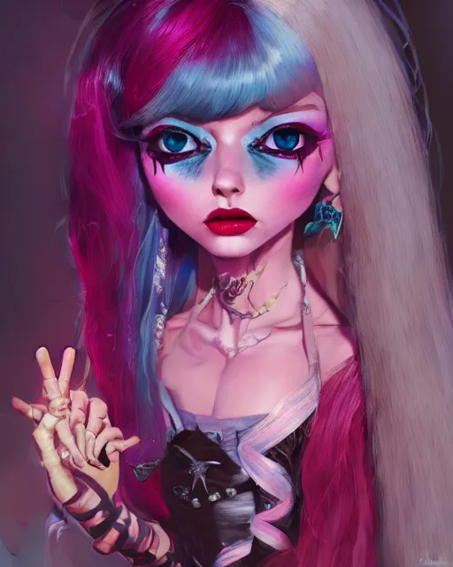 Image similar to portrait of monster high doll, stephen bliss, unreal engine, by greg rutkowski, loish, rhads, makoto shinkai and lois van baarle, ilya kuvshinov, rossdraws, global illumination, radiant light, detailed and intricate environment, pastel lighting