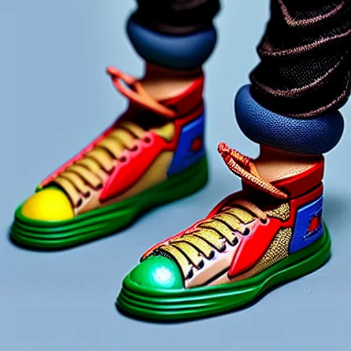 Image similar to realistic scultpure of plastic toy sneaker! design, sneaker design overwatch fantasy style mixed with aztec mayan native street fashion, focus on sneakers only, shoes designed by akira toriyama and studio ghibli