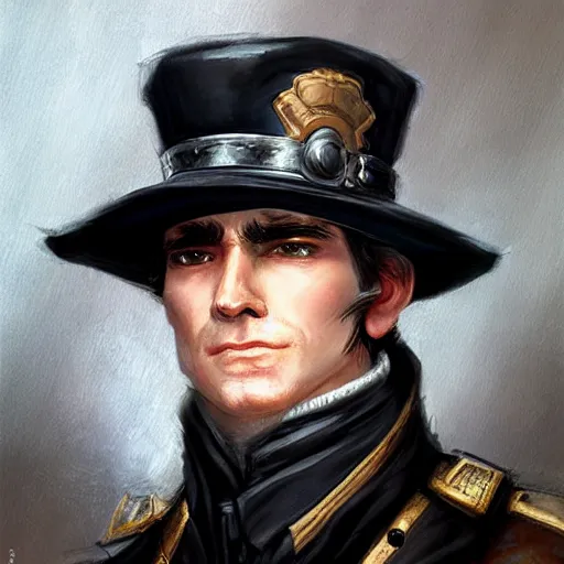 Image similar to a clean shaven confederate general with puffy black sideburns short black hair a side part and a square face, an english man, dnd character art, painting by artgerm and ed binkley, HDR color