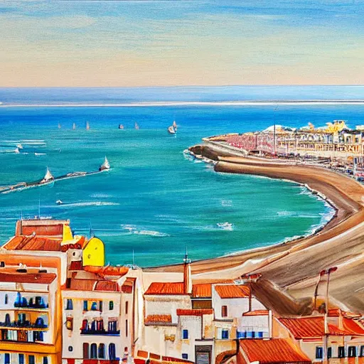 Prompt: a realistic paint of cadiz, spain, with the sea, port and city