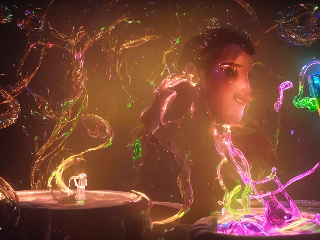 Image similar to a hyperrealistic portrait render of a beauty queen opening a bottle of glowing worms and drinking fluorescent liquid in the cosmos, unreal engine 8k