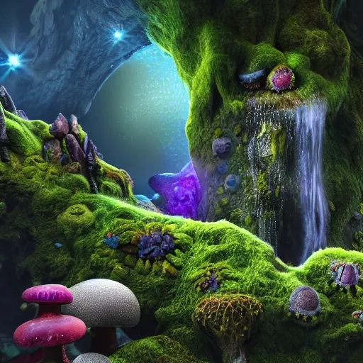 Image similar to spectral gigantic space cavern, ultra realist 3 d render curiosities carnival pond vegetation rocks mushrooms and tentacles covered moss, luminescent wisps, stunning waterfall, accurate features, focus, very intricate ultrafine details, random volumetric lighting, fog, award winning masterpiece, octane render 8 k hd, artstation