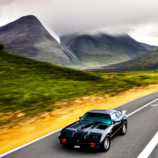 Image similar to black pontiac firebird trans - am driving towards the camera, zerglings running towards the car, norway mountains, valley, lake, dynamic, cinematic, motionblur, volumetric lighting, wide shot, low angle, red glow in sky, large lightning storm