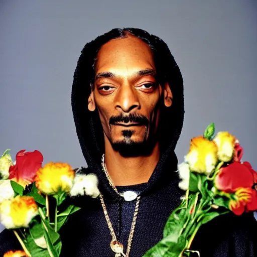 Prompt: Snoop Dogg wearing a mink fur coat, while holding a Vase of flowers for a 1990s sitcom tv show, Studio Photograph, portrait, C 12.0