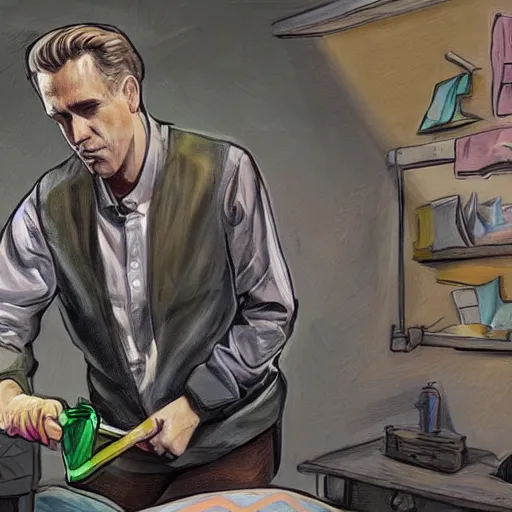 Image similar to painting of jordan peterson cleaning his messy room in the style of award winning artstation