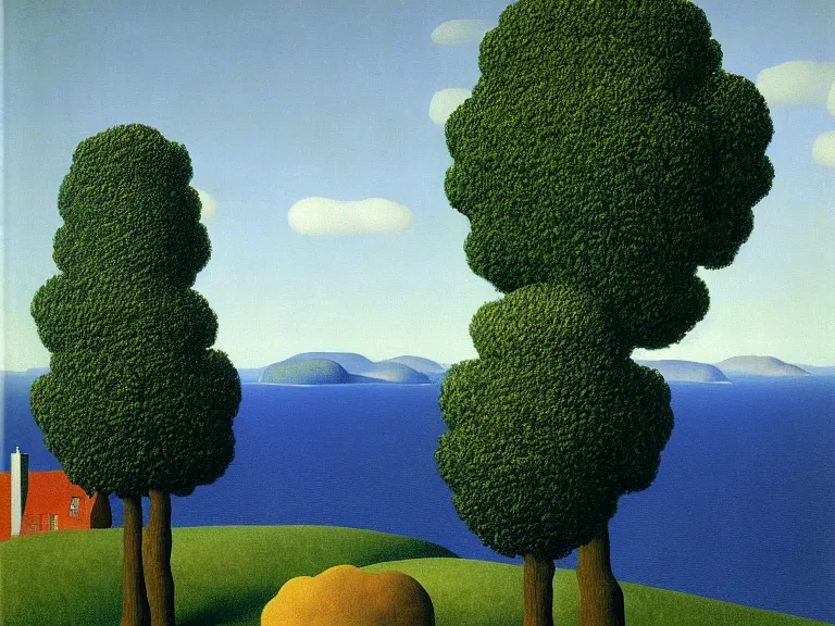 Prompt: a landscape painting by rene magritte, high detail, high resolution