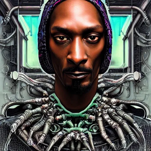 Image similar to Lofi Giger Scorn BioPunk portrait of Snoop Dog Pixar style by Tristan Eaton Stanley Artgerm and Tom Bagshaw