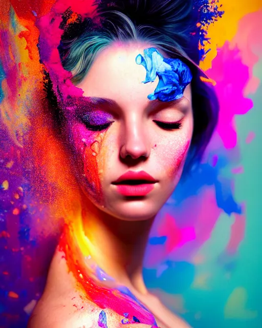 Image similar to very beautiful woman, face submerged in colorful oils, realism, extreme detail, real life, soft light, volumetric light, 3 d shadows, james jean, photoshoot