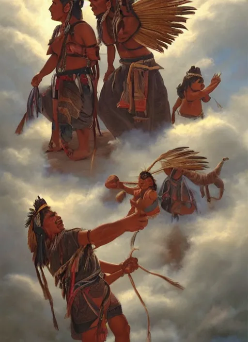 Image similar to faces of indigenous amazonian grandfathers and grandmothers spirits in the clouds, smiling, protection, benevolence, ancestors, detailed faces, art by christophe vacher