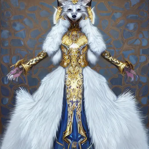 Prompt: commissioned full body portrait of a female anthro furry wolf-headed princess fursona with white hair wearing a white and gold chinese armored dress in a white and gold palace, by Wlop and jerry park, artstation, extremely detailed