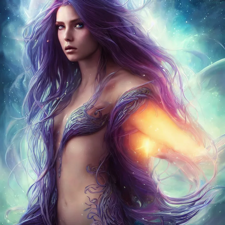 Image similar to beautiful cinematic fantasy poster, a beautiful glistening mermaid with flowing hair, beautiful glowing galaxy eyes, hybrid from The Elden Ring and art direction by Darius Zawadzki ;by artgerm; wayne reynolds art station; cinematic quality character render; low angle; ultra high quality model; production quality cinema model;