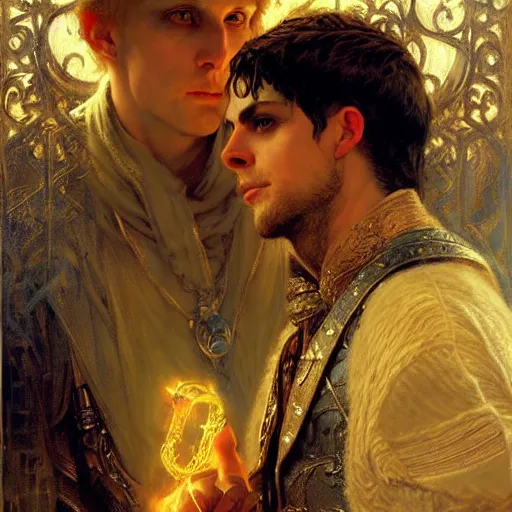 Image similar to stunning arthur pendragon in love with stunning male merlin the mage. they are close to each other. highly detailed painting by gaston bussiere, craig mullins, j. c. leyendecker