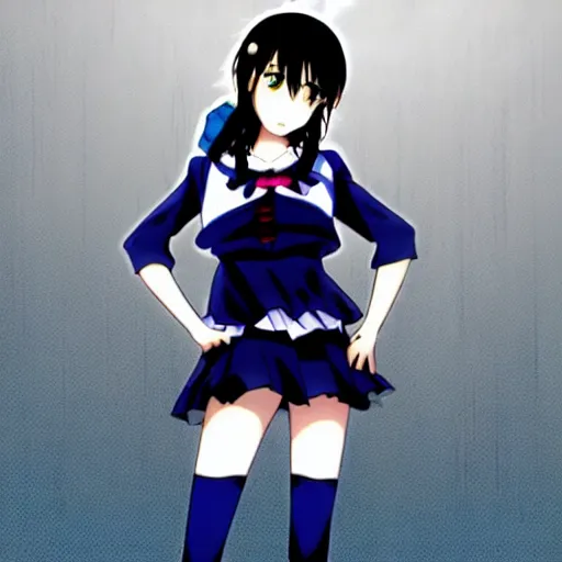 Image similar to Ami is a 14 year old anime girl who has short, very dark blue hair that reaches her neck, and dark blue eyes. She stands at about 157 cm or 5 feet 2 inches. She is shy and wears trendy clothes