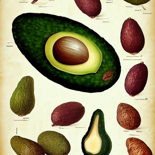 Image similar to anatomy of a avocado, da vinci notes, ultradetailed, anatomy study, artstation