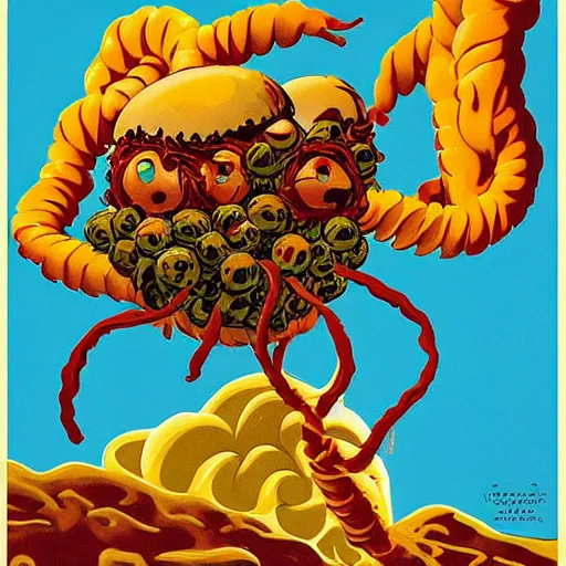 Image similar to attack of the flying spaghetti and meatballs monster, movie art poster, by gerard brom and ansel adams