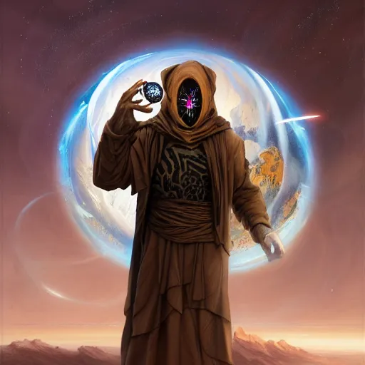 Image similar to masked nomad male wearing a cloak on an alien world and holding a holographic planet projection in his hand, detailed, sci - fi, digital painting, artstation, sharp focus, illustration, ominous, artgerm, tomasz alen kopera, peter mohrbacher, donato giancola, joseph christian leyendecker, wlop, frank frazetta