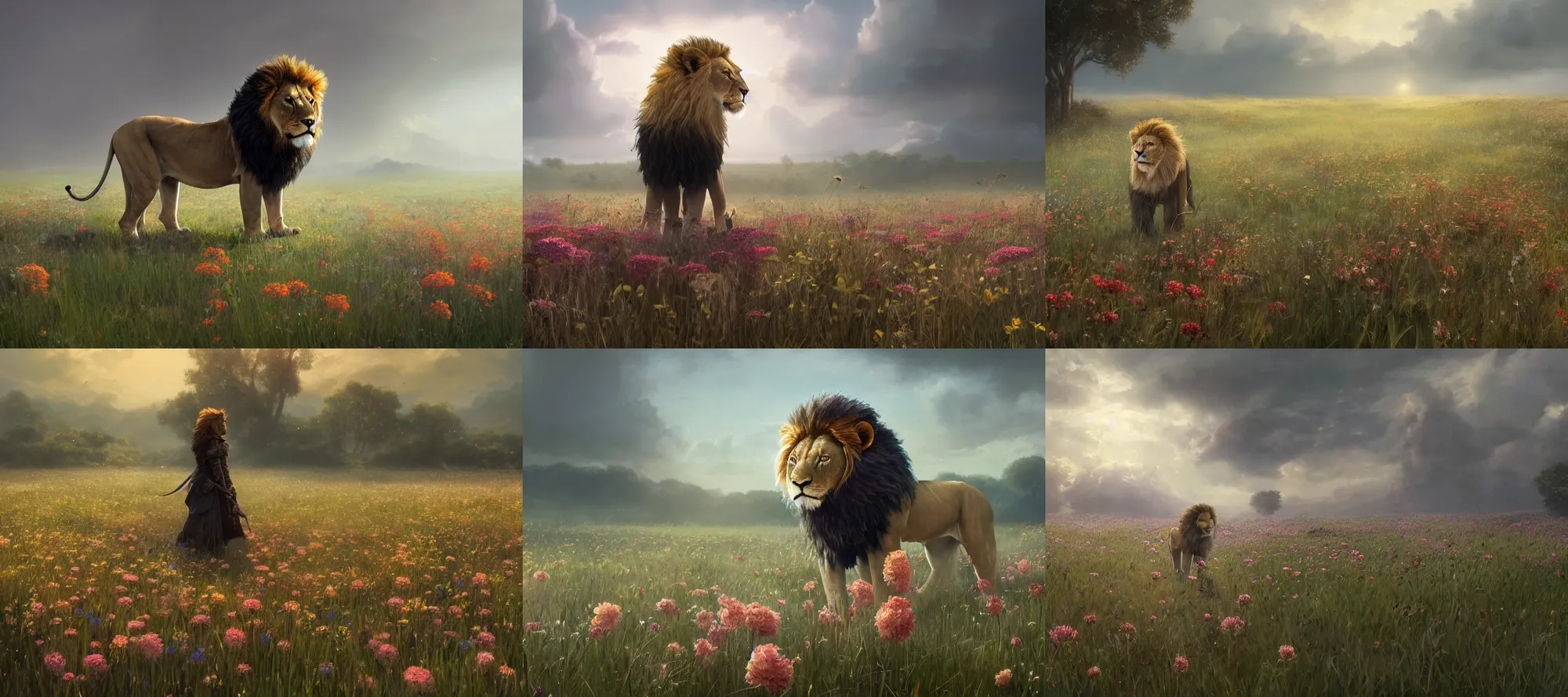 Prompt: a lion stands in a field of flowers by Greg Rutkowski, Sung Choi, Johnson Ting, Maxim Verehin, Peter Konig, final fantasy, myst, photorealistic 8k, cinematic lighting, HD, high detail, atmospheric, trending on artstation