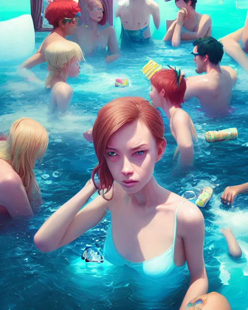 Image similar to highly detailed surreal vfx portrait of a ice cream pool party, stephen bliss, unreal engine, greg rutkowski, loish, rhads, beeple, makoto shinkai and lois van baarle, ilya kuvshinov, rossdraws, tom bagshaw, global illumination, detailed and intricate environment