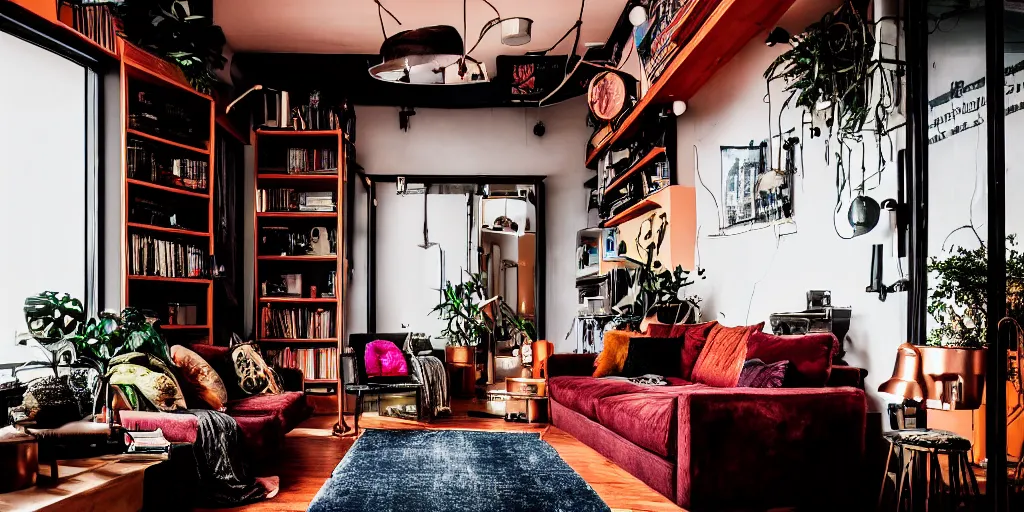 Prompt: insanely detailed wide angle photograph, atmospheric, award winning interior design living room, cyberpunk accents, neon lights, dusk, cozy and calm, fabrics and textiles, colorful accents, brass, copper, secluded, many light sources, lamps, hardwood floors, book shelf, couch, desk, balcony door, plants