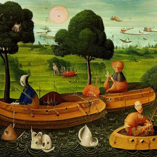 Image similar to An intricate, extremely detailed painting in a style of Hieronim Bosch featuring a river in Europe, surrounded by trees and fields. A dinghy is slowly moving through the water. Sun is shining.