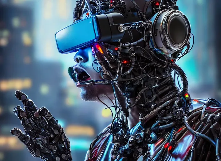 Prompt: portrait of cybernetic wolf with cyberpunk vr glasses, mechanical parts, wires, closeup portrait, editorial photography, award winning, establishing shot