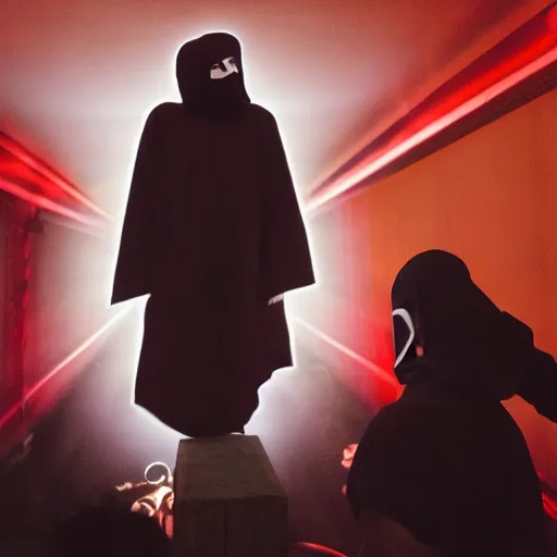 Image similar to five rappers in balaclavas, hoodies, and domino masks stand close together in chiaroscuro lighting. one of them is crucified on a brightly lit cross. blurry photo. bloody red logo on top