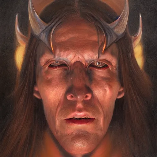 Image similar to photorealstic portrait of a devil, detailed, centered, digital painting, artstation, concept art, by donato giancola, Sean Yoro, Greg Rutkowski, trending on Artstation, Joseph Christian Leyendecker, WLOP, Boris Vallejo, dark, moody, foggy