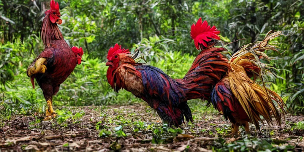 Prompt: two roosters fighting in a dense jungle, mix of styles, angry, aggressive, blood, battle