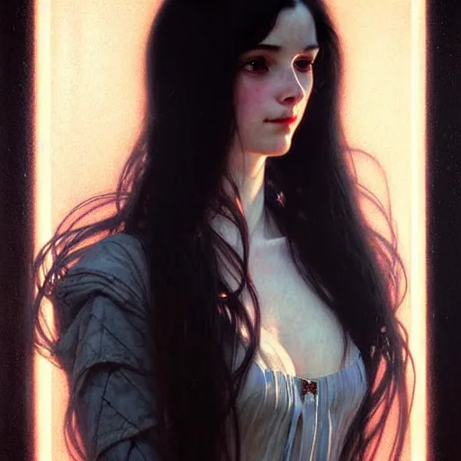 Prompt: portrait of a smiling, beautiful, pale skin female with long black hair, dark brown eyes, elegant clothing, photorealistic, highly detailed, artstation, smooth, sharp focus, neon lighting, sci - fi, art by gustav klimt, artgerm, greg rutkowski and alphonse mucha