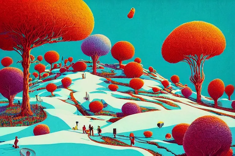 Image similar to surreal glimpse into other universe, himalaya with snow ice cream, summer morning, very coherent and colorful high contrast, art by!!!! gediminas pranckevicius!!!!, geof darrow, floralpunk screen printing woodblock, dark shadows, hard lighting, stipple brush technique,