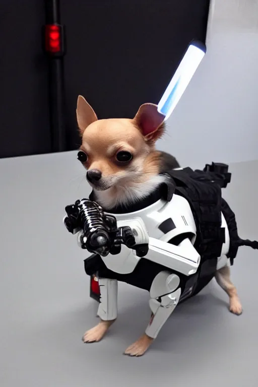 Image similar to a Chihuahua holding a lightsaber,dressing like Stormtrooper,futuristic style.unnreal engine