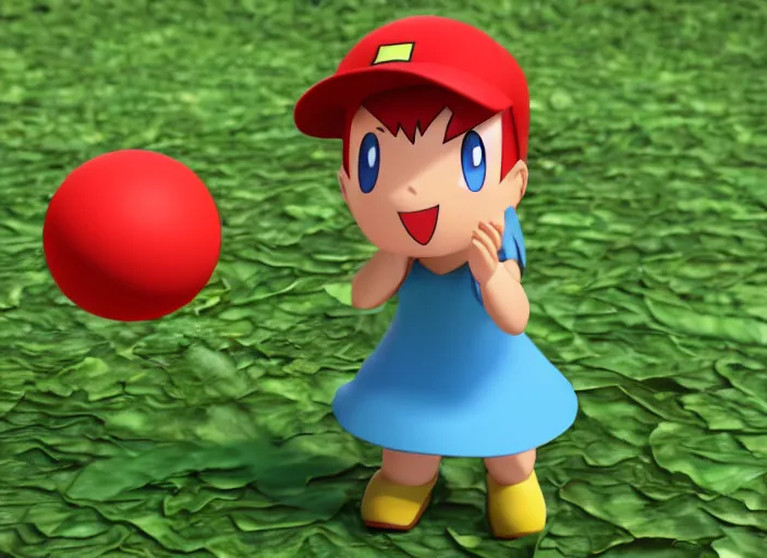 Image similar to Misty from Pokemon is throwing a pokeball at a cabbage. 3D render, action shot