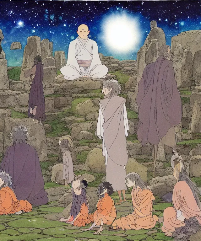 Prompt: a hyperrealist studio ghibli watercolor fantasy concept art. in the background is a giant long haired grey witch in lotus position sitting on top of stonehenge with a starry sky in the background. in the foreground is a group of tiny monks are on their knees. by rebecca guay, michael kaluta, charles vess