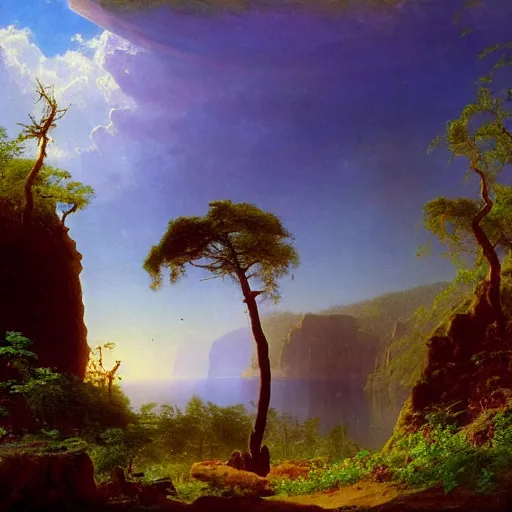 Image similar to painting of a lush natural scene on an alien planet by albert bierstadt. beautiful landscape. weird vegetation. cliffs and water.