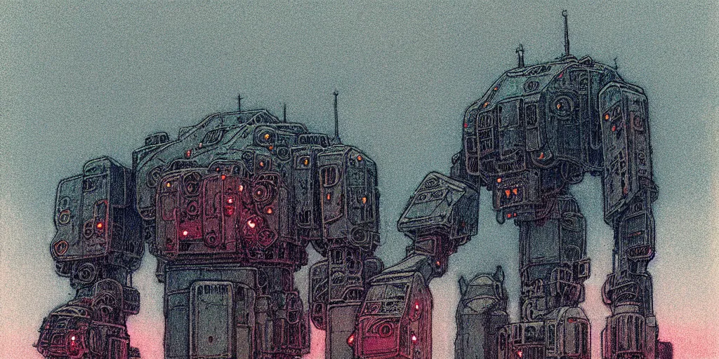 Image similar to grainy risograph matte painting of gigantic huge mech covered with wounds, black, pastel matte colors, staying in the foggy huge parking station, by moebius, hyperrealism, intricate detailed