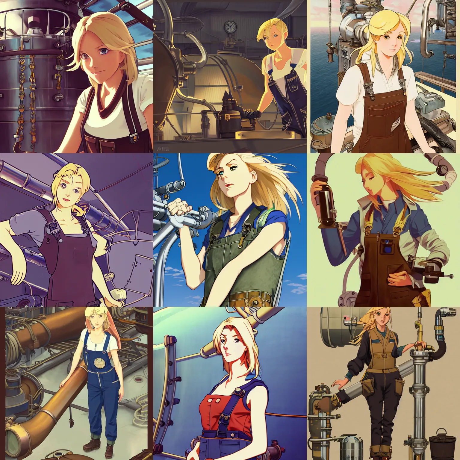 Prompt: Blonde female airship mechanic wearing a tank top and overalls fixing pipes below deck, steampunk, defined facial features, cel shading, highly detailed, illustration, Makoto Shinkai and Studio Ghibli animated film still, by Ilya Kuvshinov and Alphonse Mucha and Artgerm