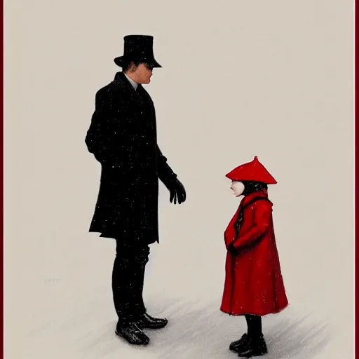 Image similar to a highly detailed epic cinematic concept art, a thin man in a black coat and bowler hat talks with small young girl who is dressed in a red coat and a red hat, park, autumn, 1923, wide angle, high detail, in style of Greg Rutkowski, width 768