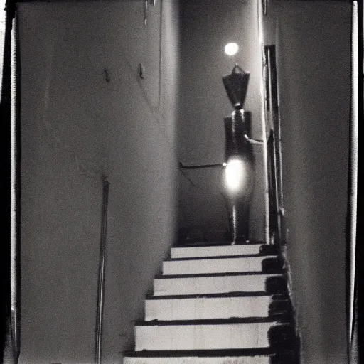 Prompt: a tall humanoid creature at the bottom of a stairwell, dark!, creepy!!!, unsettling, uncanny valley!, old polaroid, expired film,