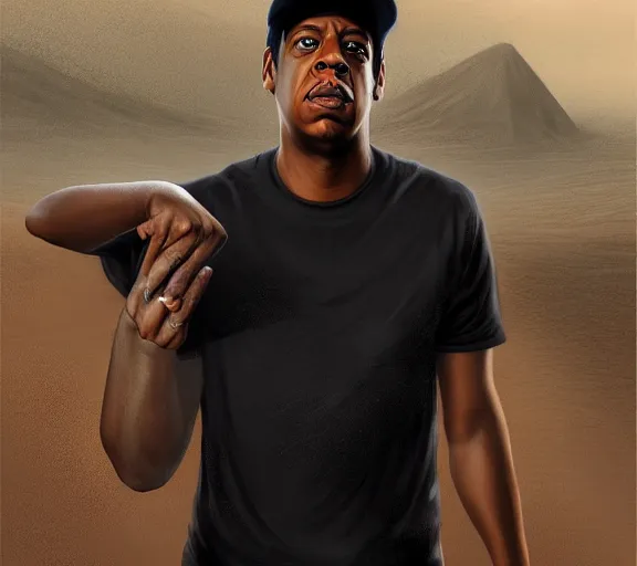 Prompt: portrait of jay - z! wearing a yankee baseball hat and a black t - shirt, standing next to a camel, sand desert fantasy, matte painting, highly detailed, art by artgerm, artstation