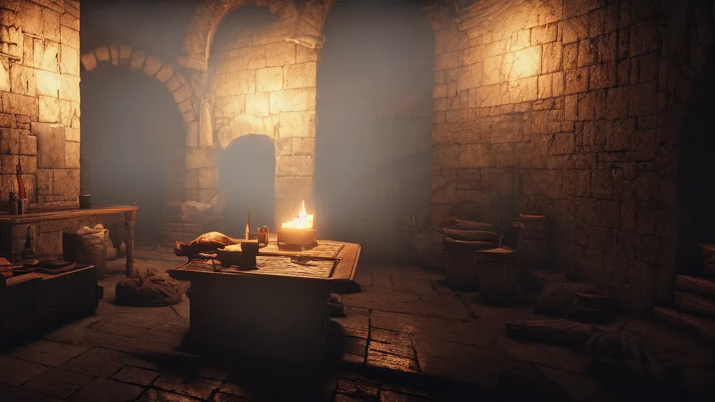 Prompt: delicious torch lit prison dungeon jail cell atmospheric unreal engine hyperreallistic render 8k concept art masterpiece screenshot from the video game Assassin's creed odyssey cool 6500K global illumination