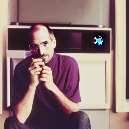 Image similar to portrait of steve jobs listening to rem on his ipod palo alto 1 9 8 8, in thomas ruff style, 3 5 mm ektachrome