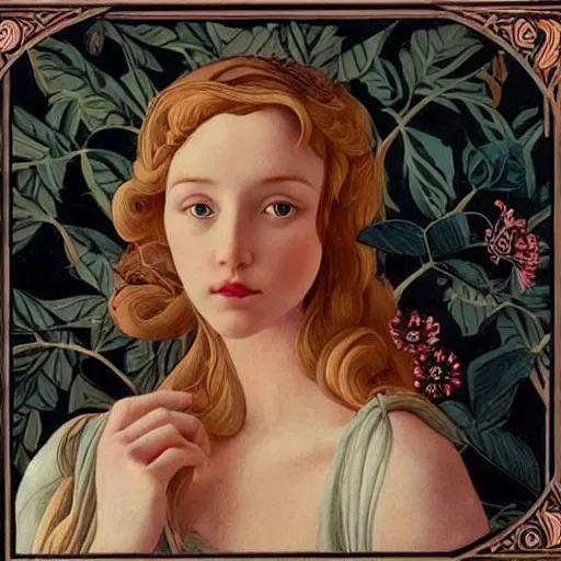 Prompt: a lot of flowers morphing in a beautiful girls face, film still by wes anderson, depicted by botticelli, limited color palette, very intricate, art nouveau, highly detailed, lights by hopper, soft pastel colors, minimalist