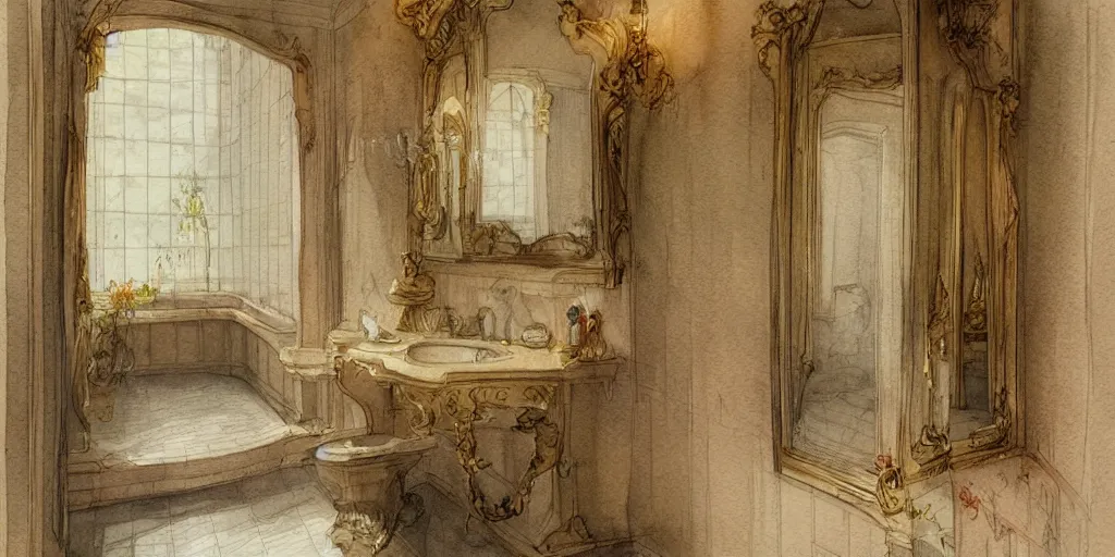Prompt: a hiper intricate watercolor of a beatiful bathroom with mirror, extremely detailed, sharp focus, wide view, smooth, digital illustration, colorfull, by william turner art, by greg rutowski